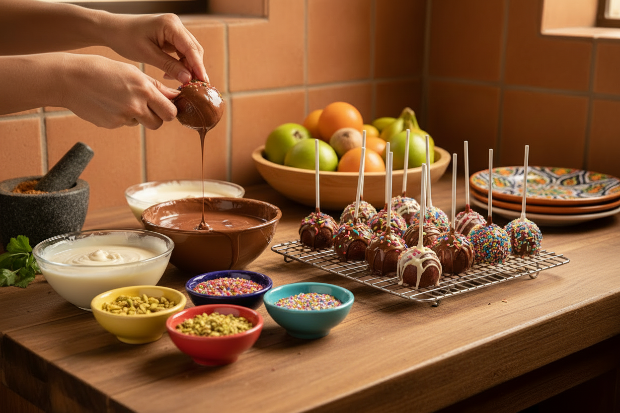 Hands dipping a chocolate-covered cake pop into a bowl of chocolate, with finished decorated cake pops on a wire rack and bowls of sprinkles, nuts, and toppings on a wooden countertop in a warm kitchen setting.